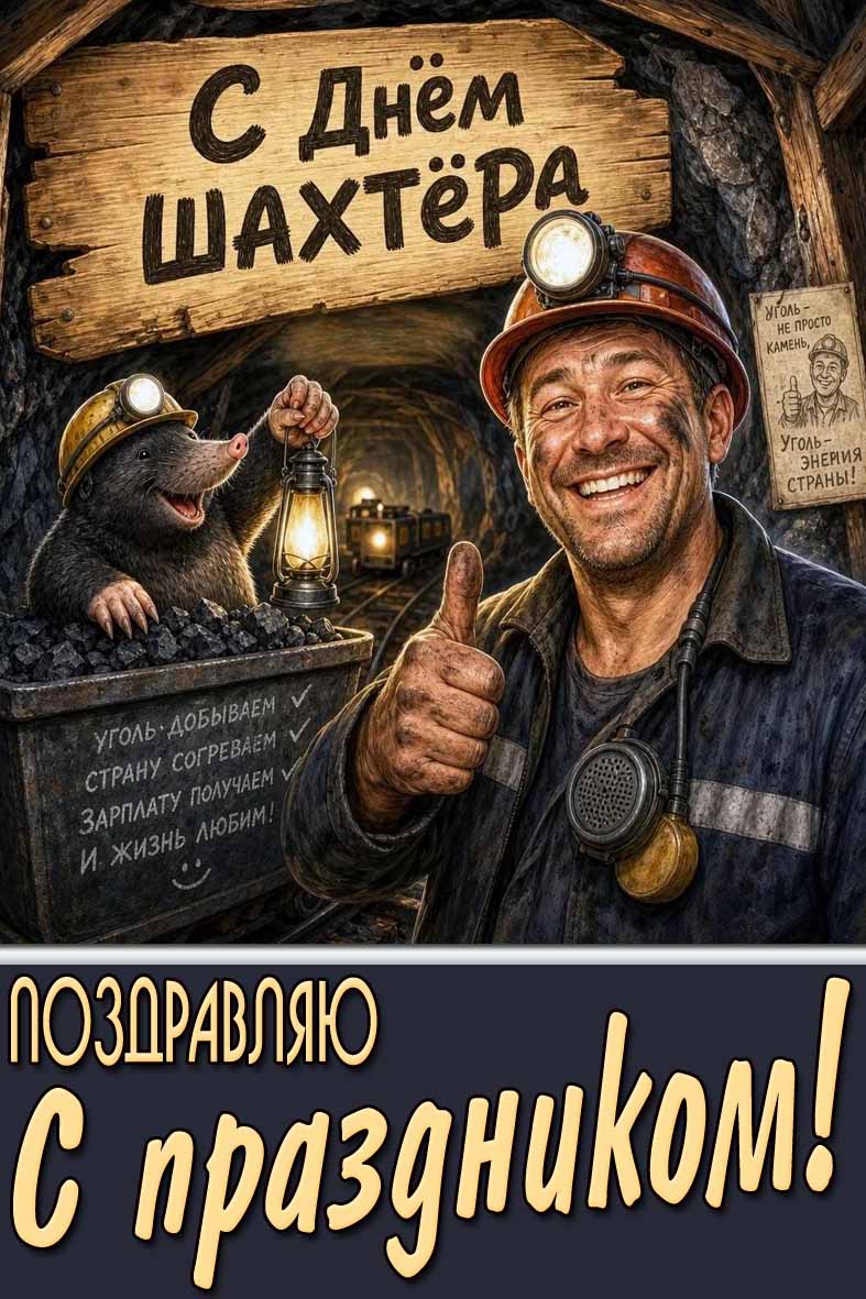 Прикольная открытка "С днём шахтёра! Поздравляю с праздником!"