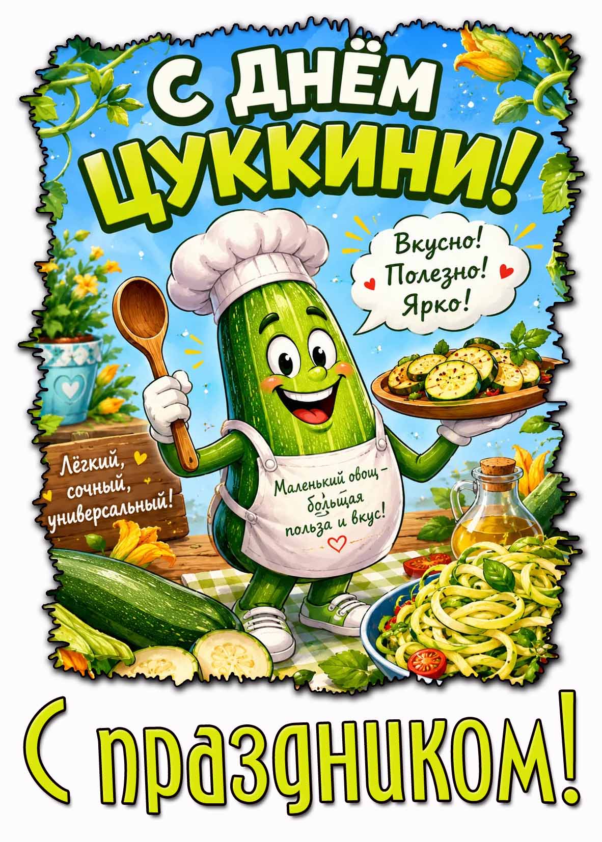 Прикольная открытка "С днём цуккини! Вкусно! Полезно! Ярко! Лёгкий, сочный, универсальный! С праздником!"