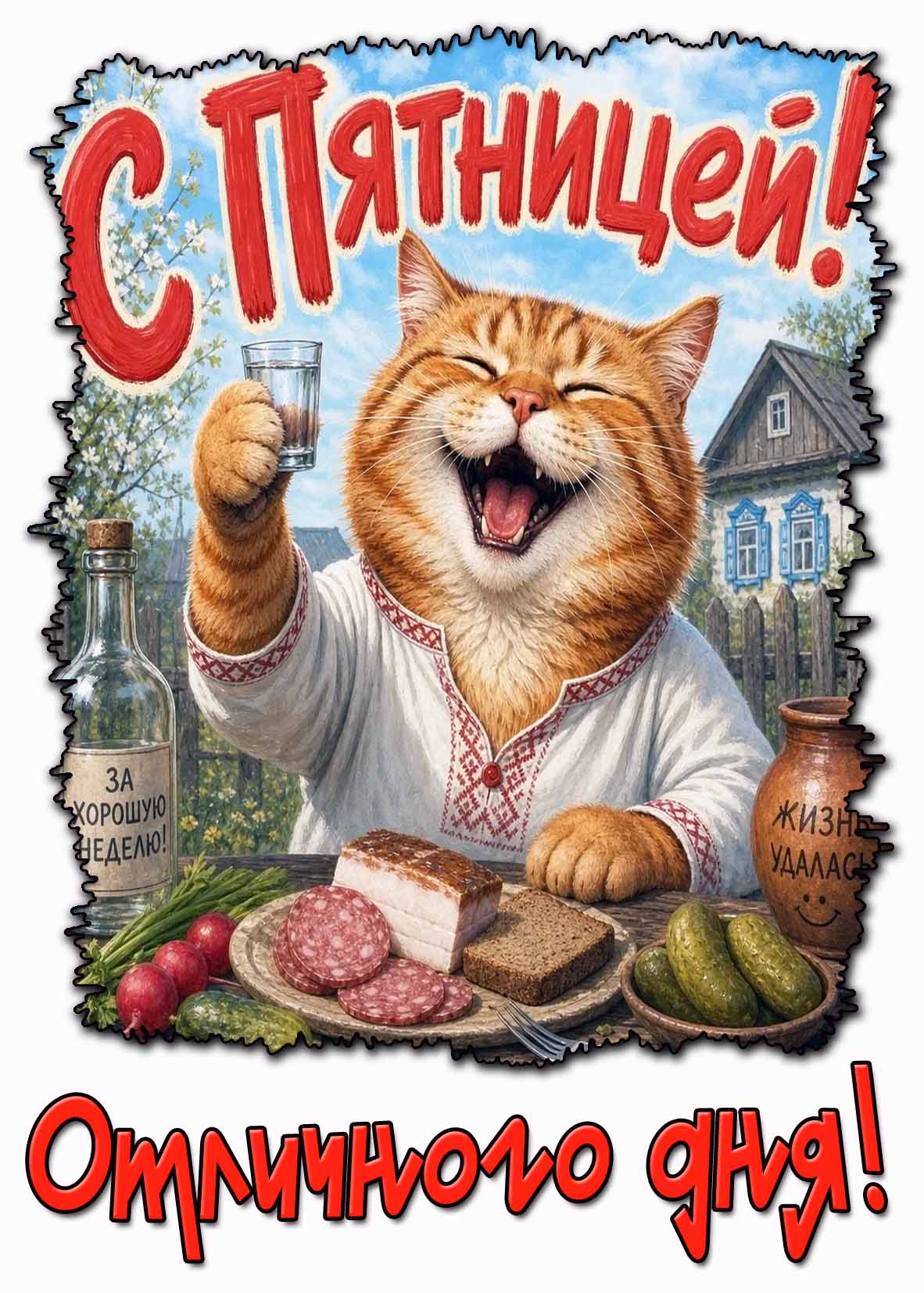 Прикольная открытка с котом "С пятницей! Отличного дня!"