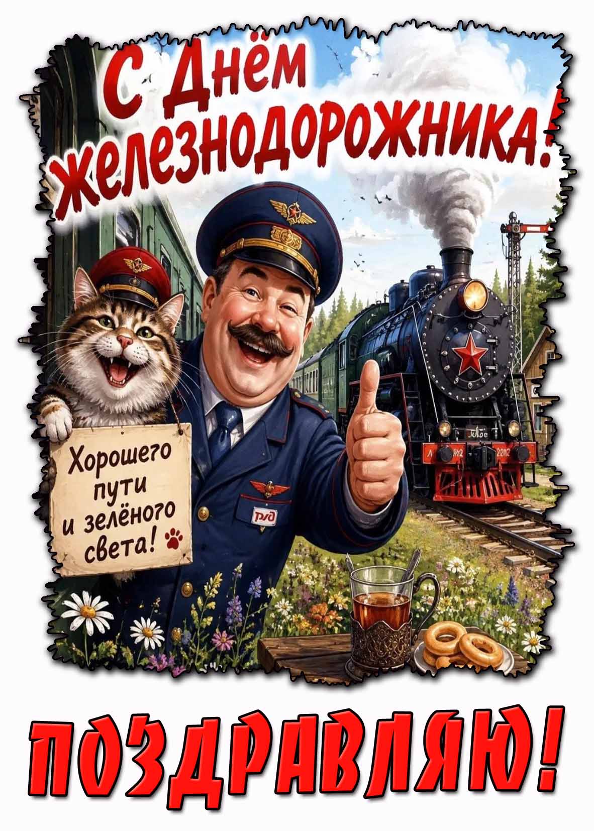 Прикольная открытка С днём железнодорожника! Хорошего пути и зелёного света! Поздравляю!