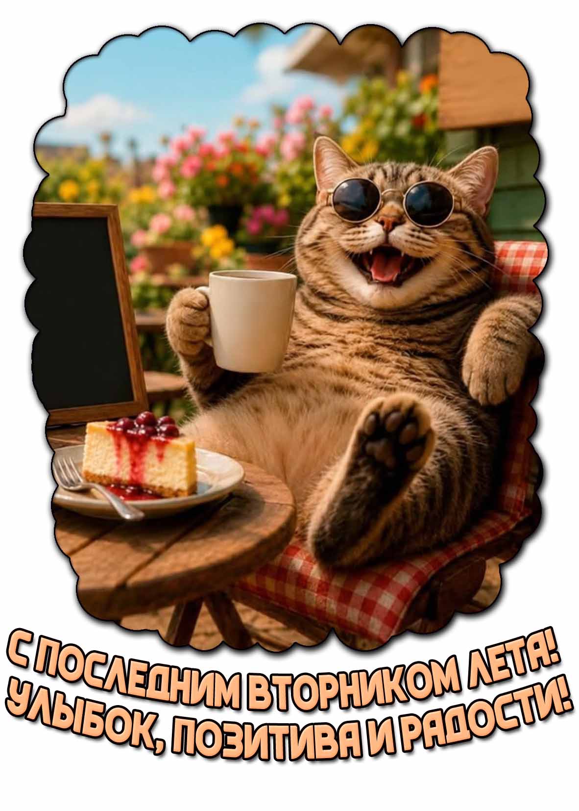 Прикольная открытка "С последним вторником лета! Улыбок, позитива и радости!"