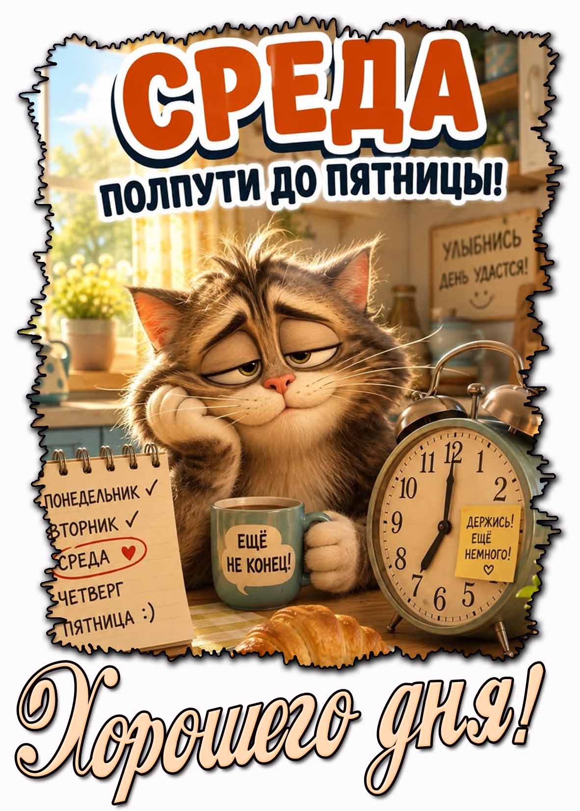Прикольная открытка "Среда - полпути до пятницы! Хорошего дня!"