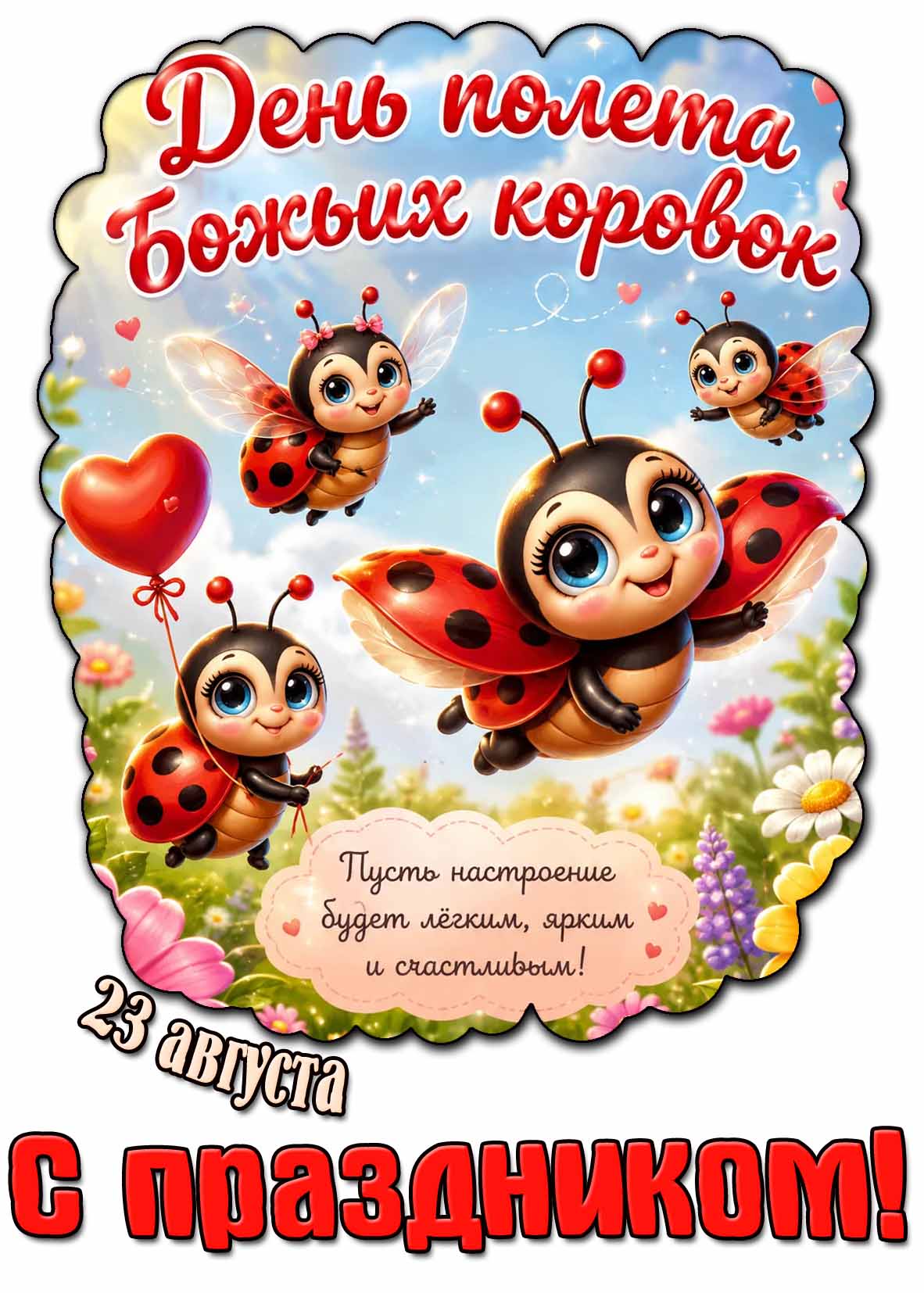 Прикольная поздравительная картинка на 23 августа - день полёта божьих коровок! С праздником!