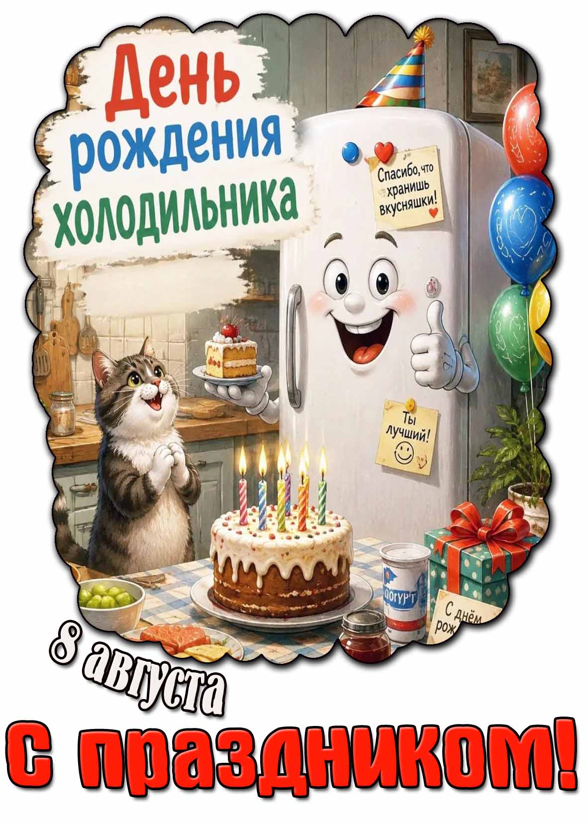 Прикольная открытка 8 августа - день рождения холодильника! Спасибо, что хранишь вкусняшки! С праздником!