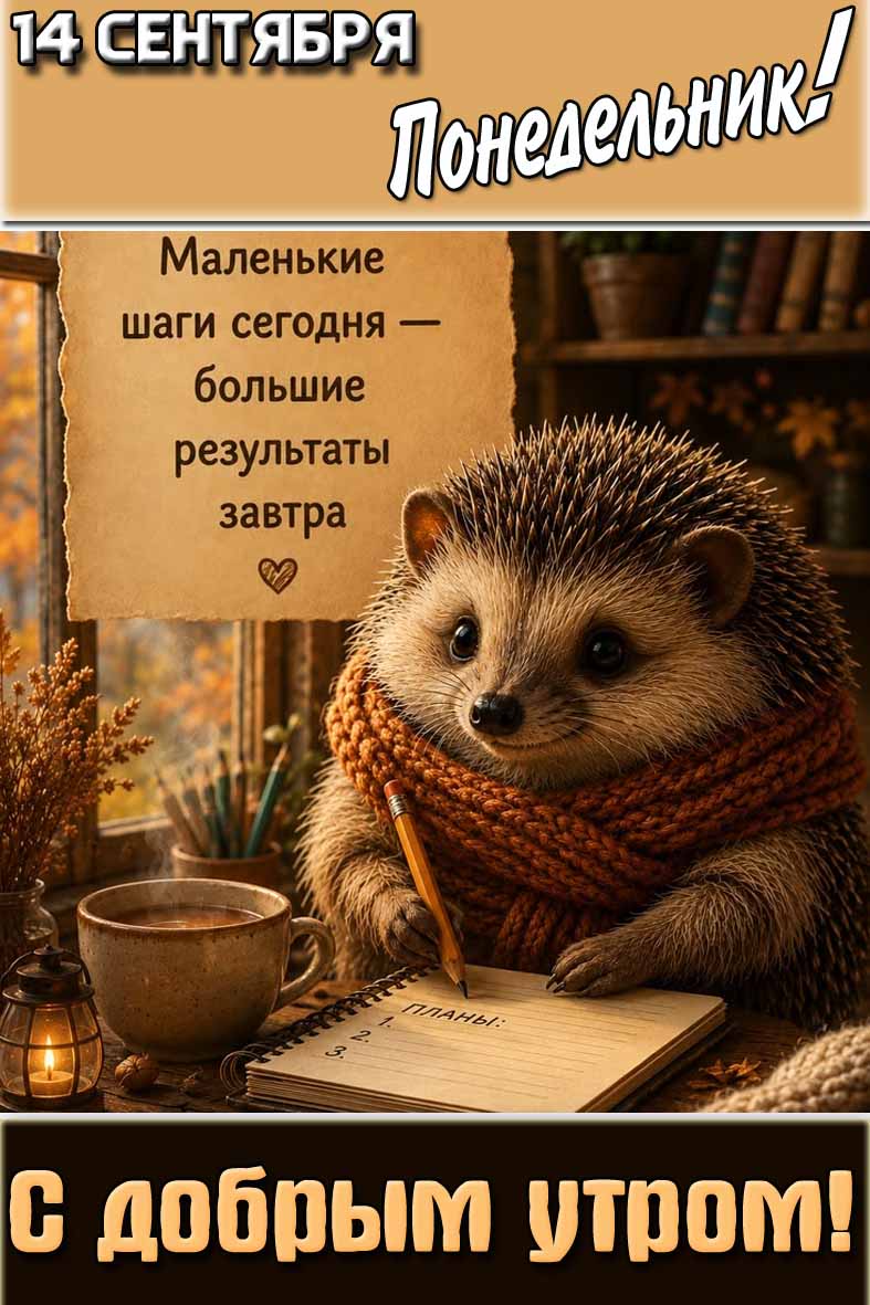 Картинка "14 сентября понедельник! С добрым утром! Маленькие шаги сегодня - большие результаты завтра!"