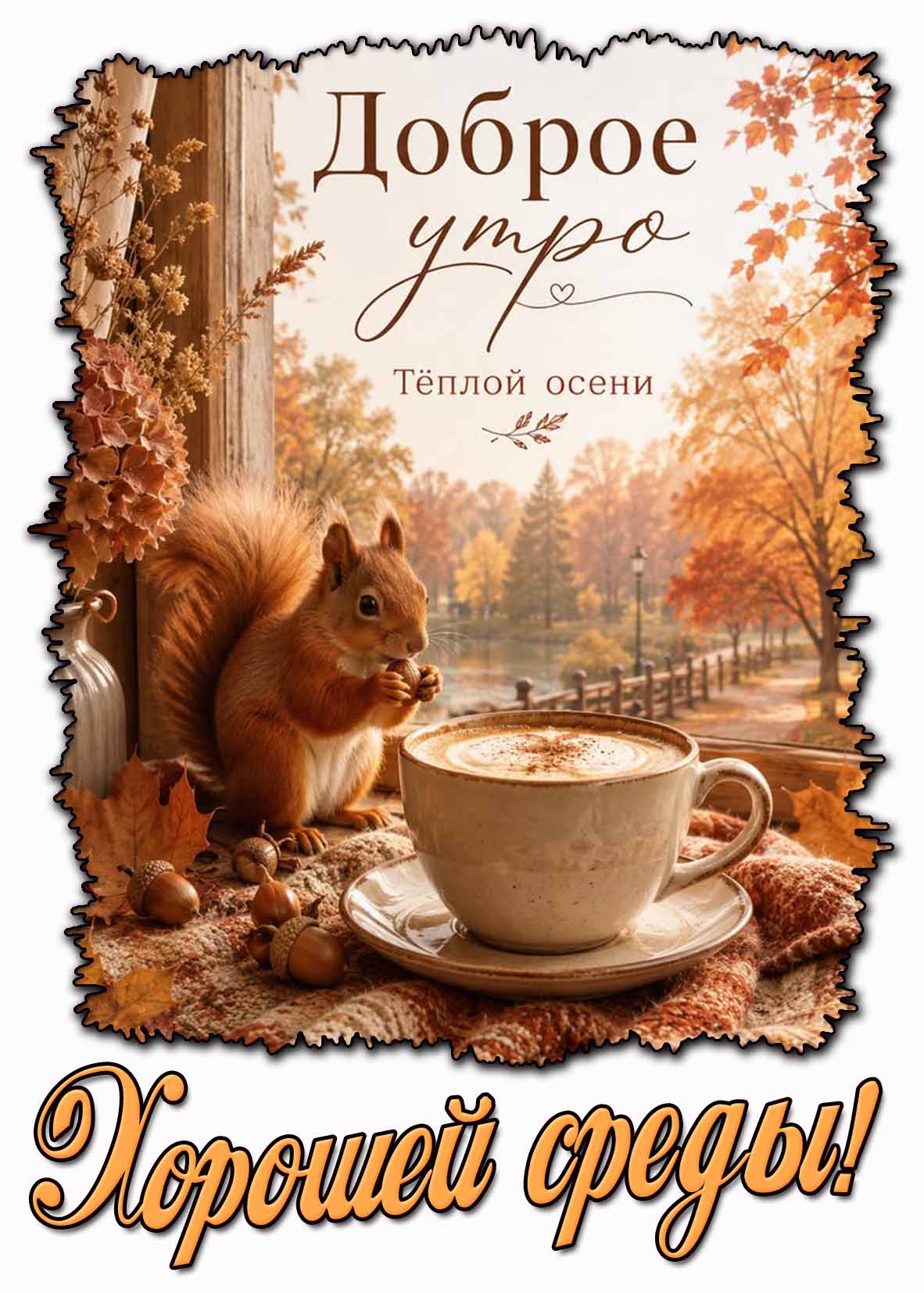 Открытка "Доброе утро! Тёплой осени! Хорошей среды!"