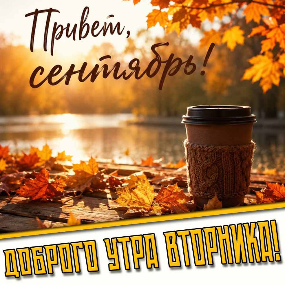 Красивая открытка "Привет, сентябрь! Доброго утра вторника!"