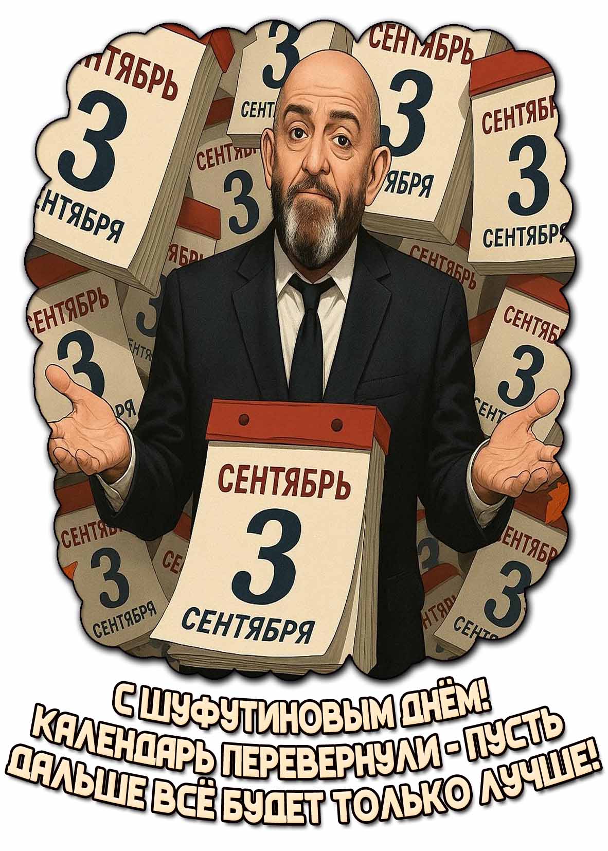 Открытка 3 сентября - с Шуфутиновым днём! Календарь перевернули - пусть дальше всё будет только лучше!