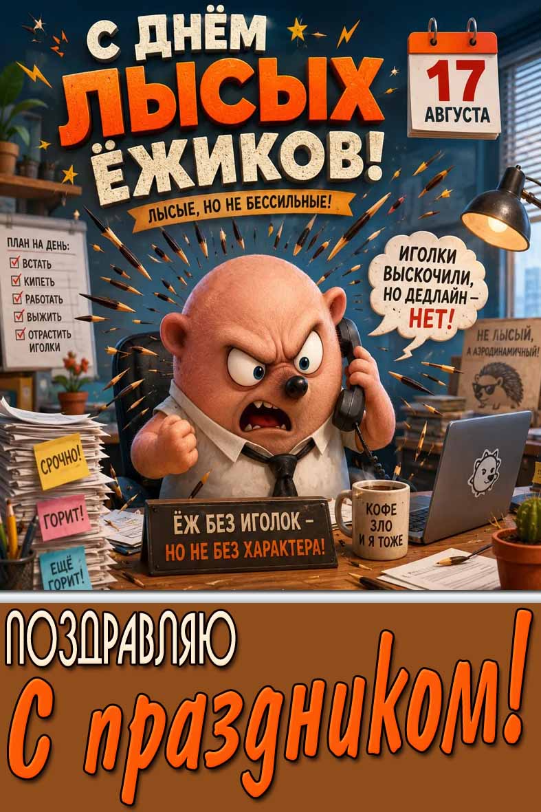 Смешная картинка 17 августа - с днём лысых ёжиков! Ёж без иголок - но не без характера! Поздравляю с праздником!