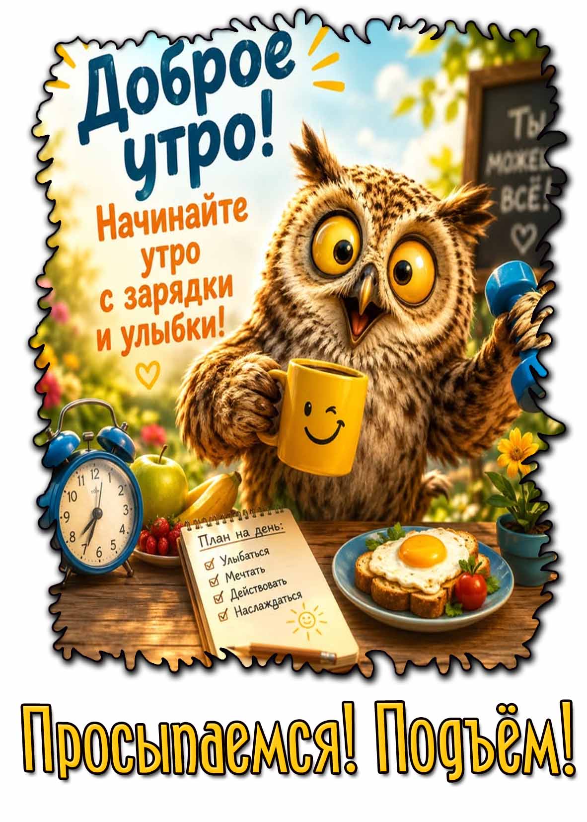 Смешная картинка "Доброе утро! Просыпаемся! Подъём! Начните утро с зарядки и улыбки!"