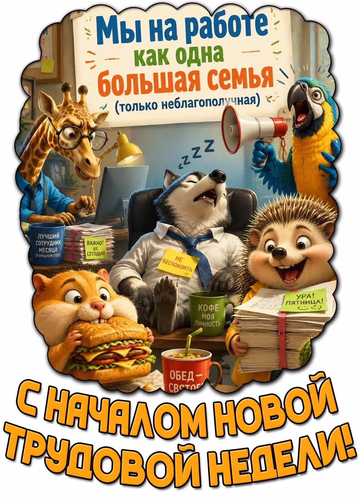 Смешная картинка с мультяшными животными в офисе и надписью : Мы на работе, как одна большая семья (только неблагополучная!) С началом новой трудовой недели! Смешная картинка "Мы на работе, как одна большая семья (только неблагополучная!) С началом новой трудовой недели!"
