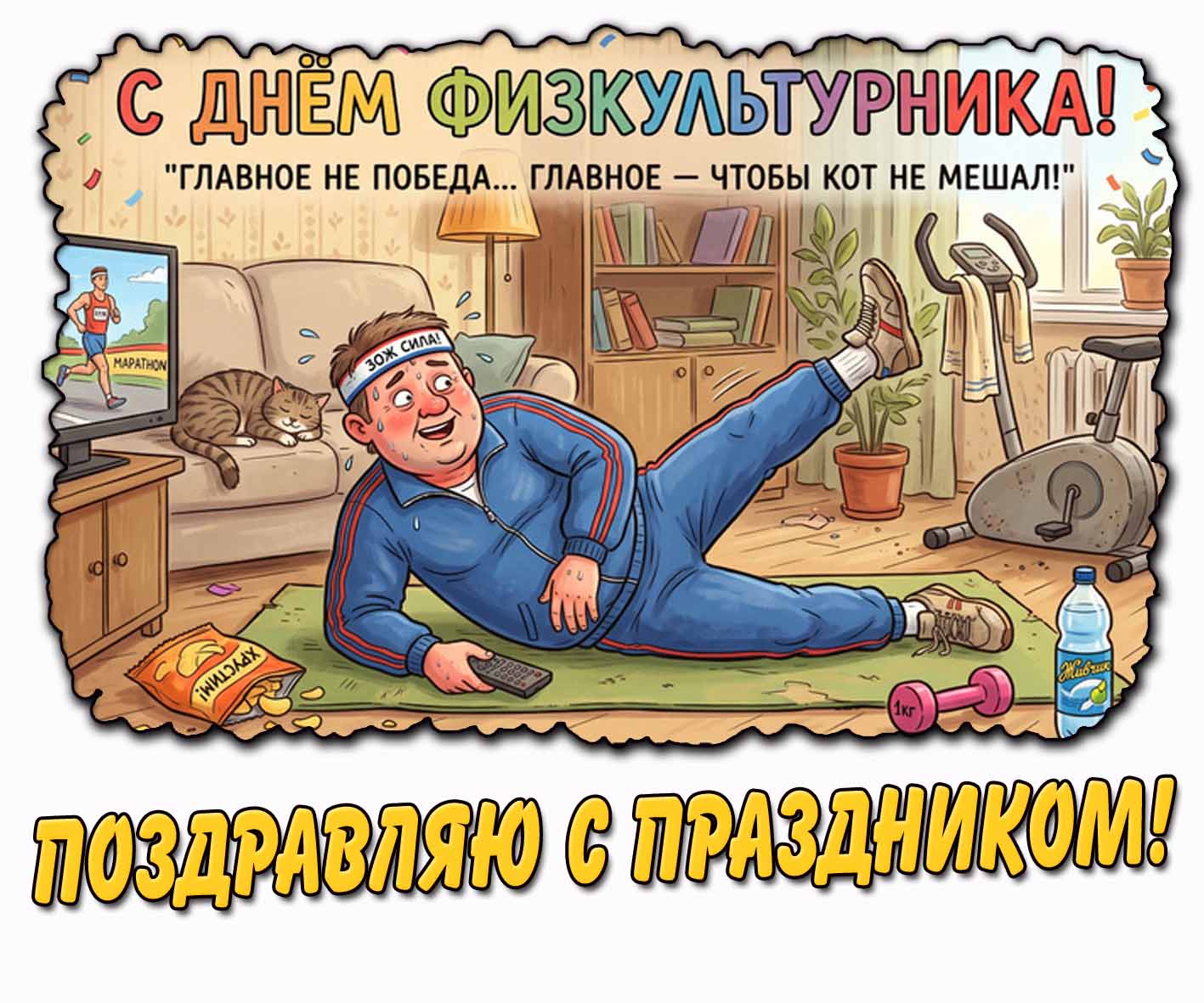 Смешная картинка "С днём физкультурника! Главное не победа, главное - чтобы кот не мешал! Поздравляю с праздником!"
