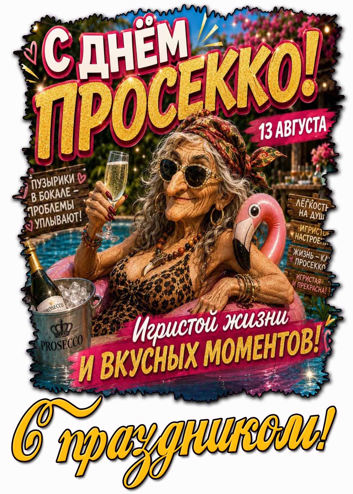 Смешная картинка "С днём просекко! Игристой жизни и вкусных моментов! С праздником!" - 13 августа