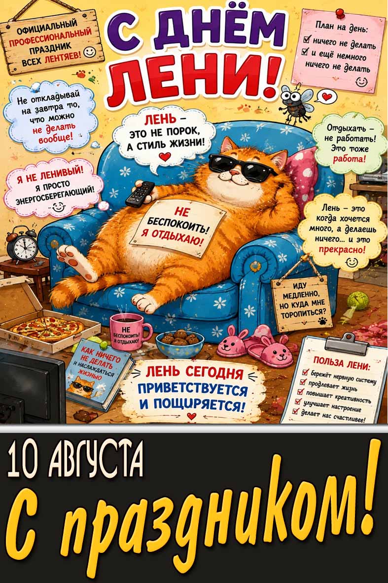 Смешная открытка с котом 10 августа - с днём лени! С праздником! Лень - это не порок, а стиль жизни!
