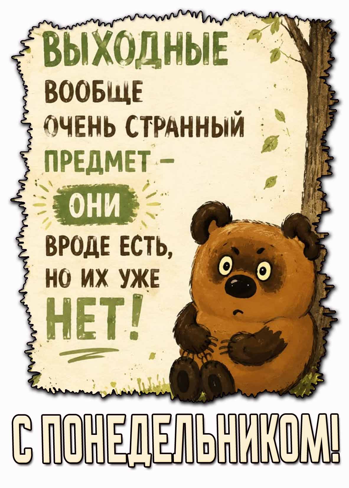 Смешная открытка "Выходные вообще очень странный предмет - они вроде есть, но их уже нет! С понедельником!"