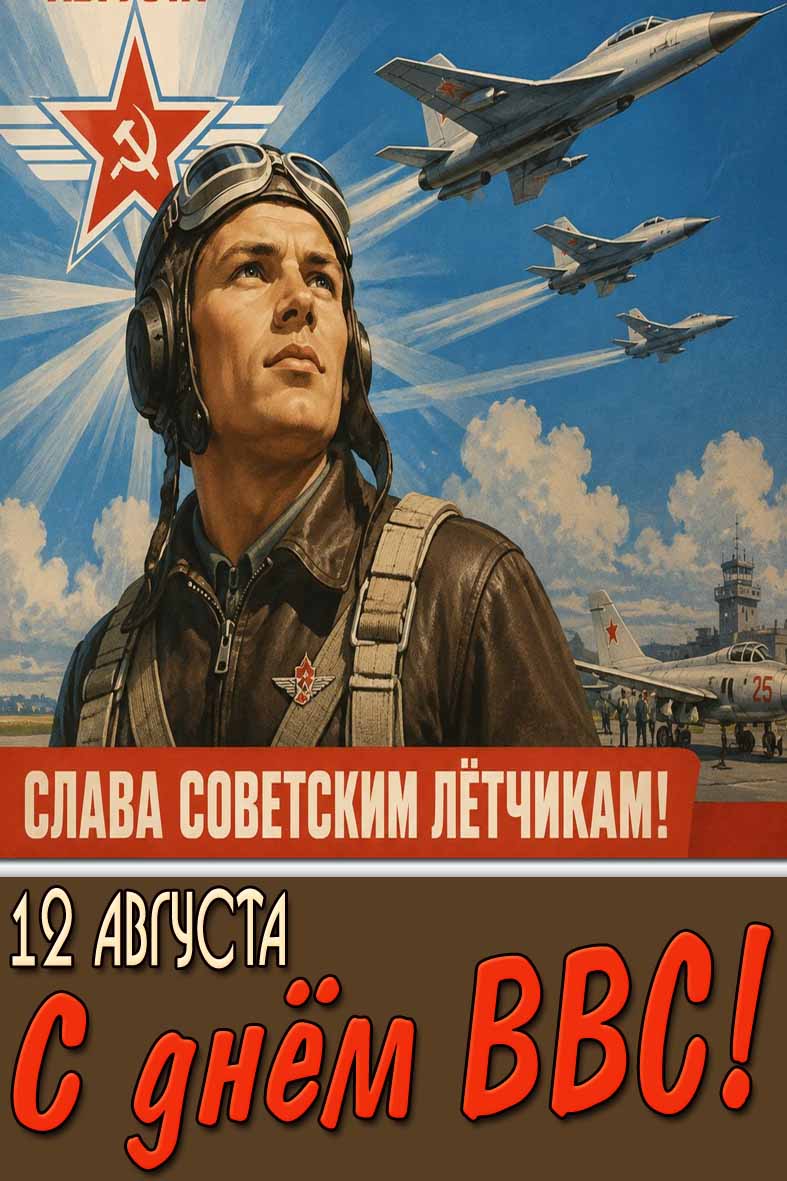 Советская открытка 12 августа - с днём ВВС! Слава Советским лётчикам!