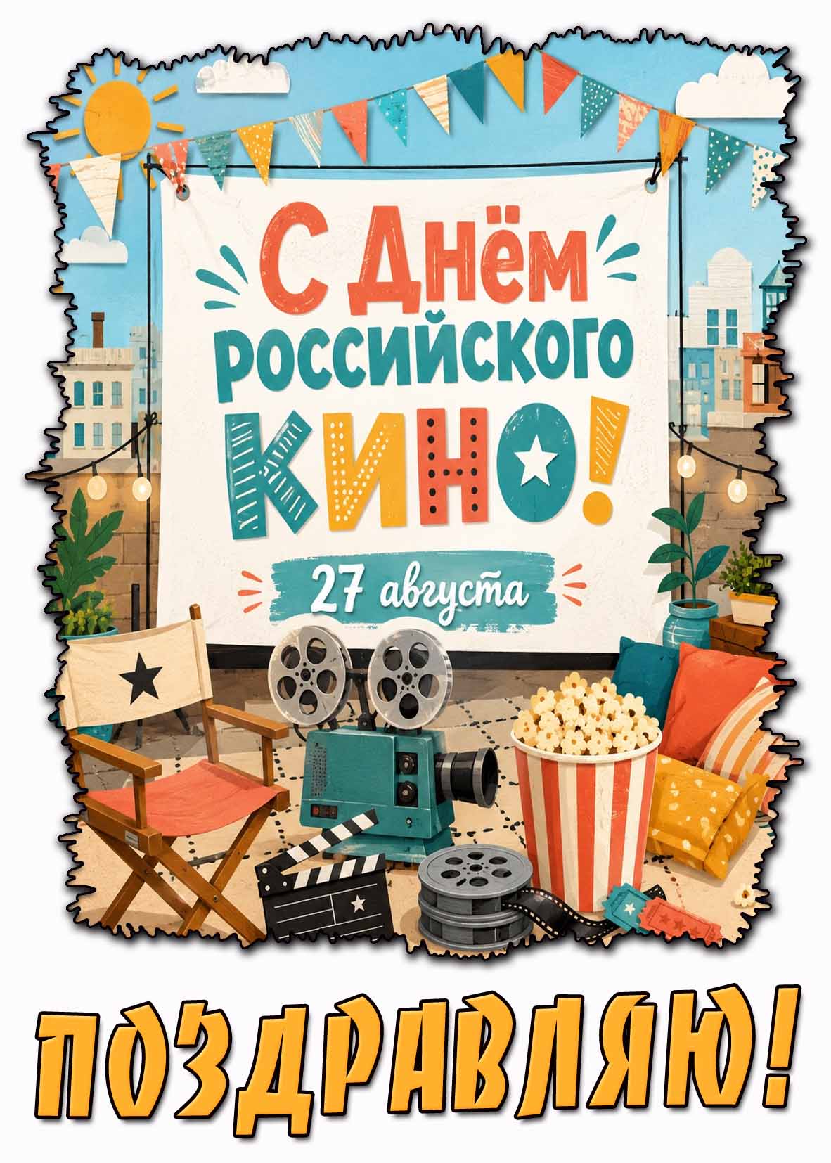 Стильная открытка 27 августа - с днём российского кино! Поздравляю!