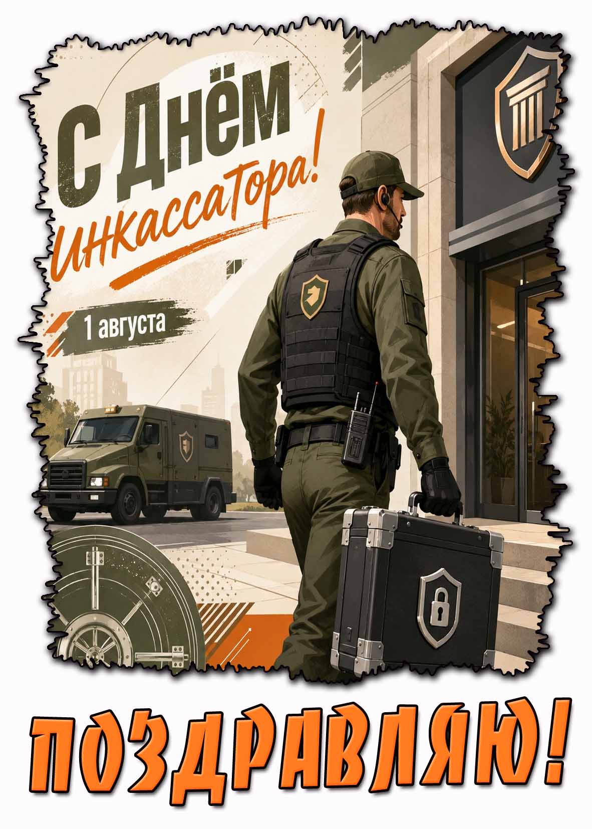 Стильная открытка "С днём инкассатора! Поздравляю!" - 1 августа