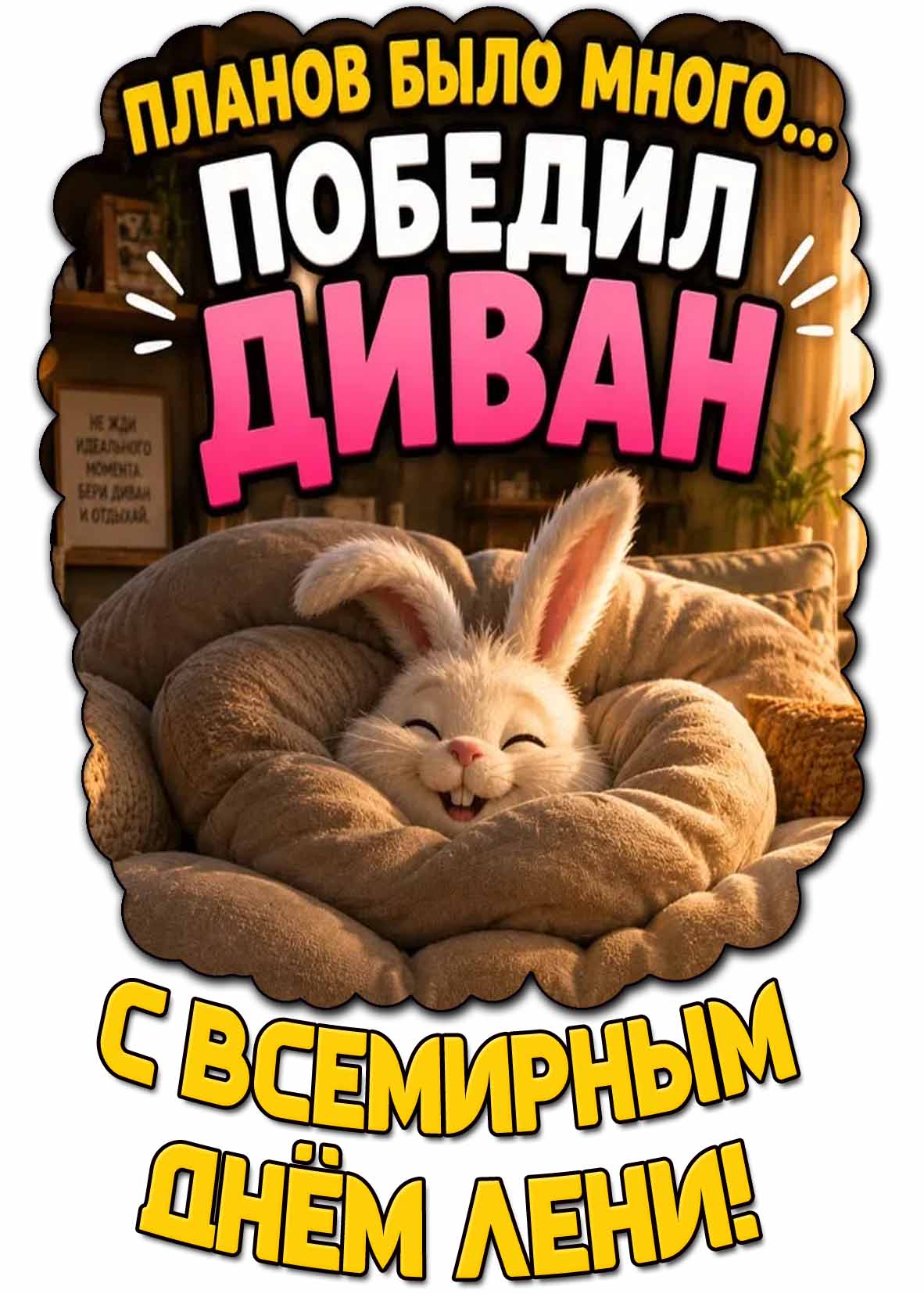 Открытка "С Всемирным днём лени! Планов было много... Победил диван!"
