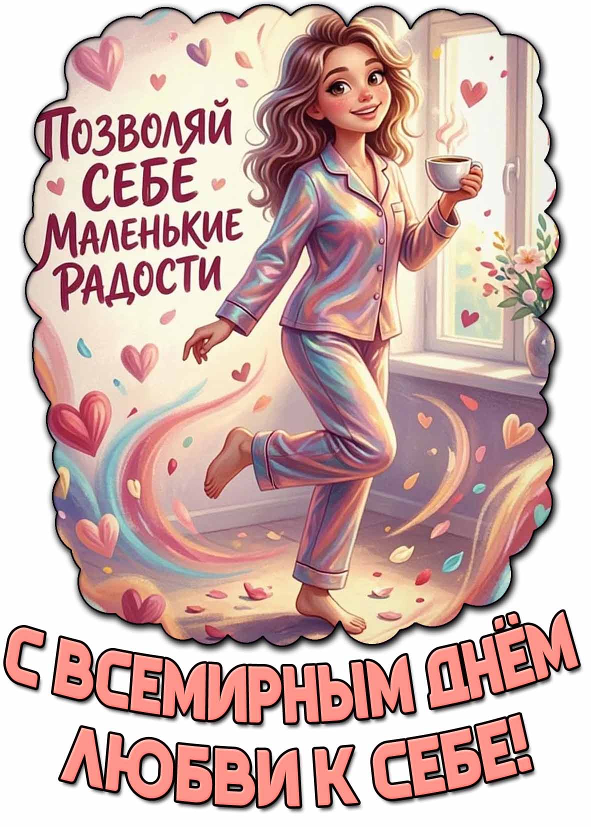 Открытка "С Всемирным днём любви к себе! Позволяй себе маленькие радости!"
