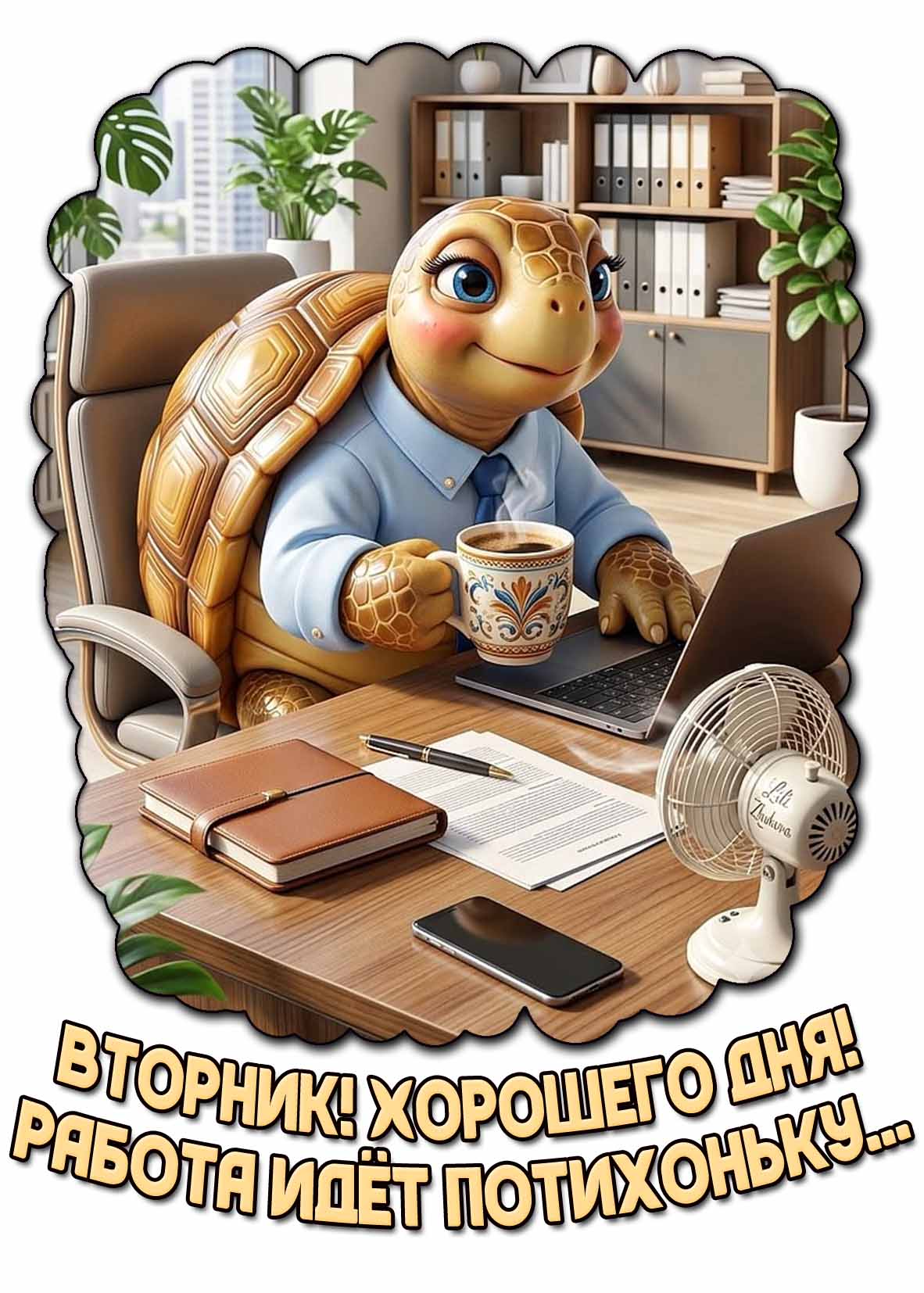 Открытка с прикольной черепашкой с чашкой кофе за компьютером в офисе и надписью : Вторник! Хорошего дня! Работа идёт потихоньку... Прикольная открытка "Вторник! Хорошего дня! Работа идёт потихоньку..."