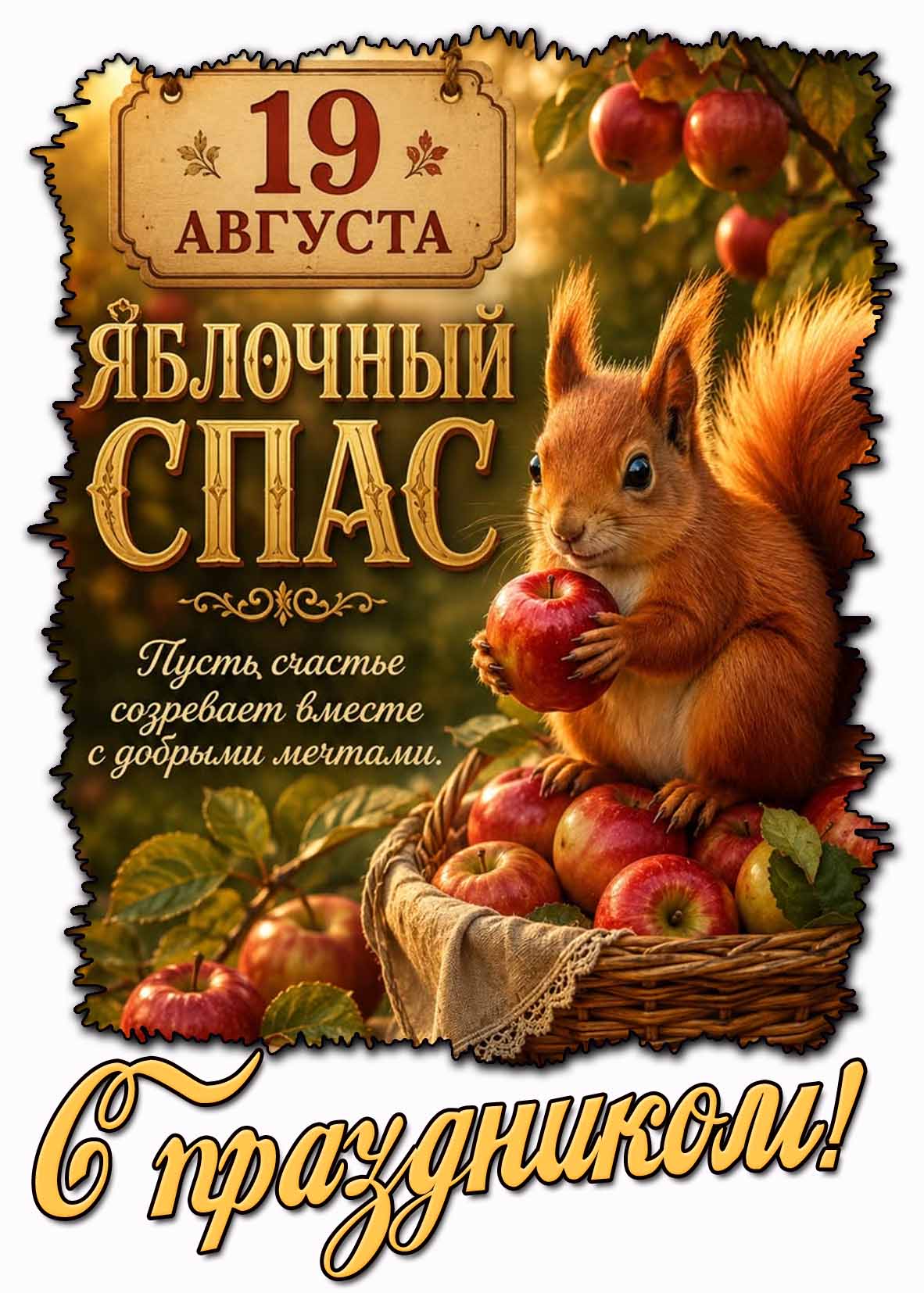 Красивая картинка с белочкой с яблочком к 19 августа - Яблочный Спас! Пусть счастье созревает вместе с добрыми мечтами! С праздником!