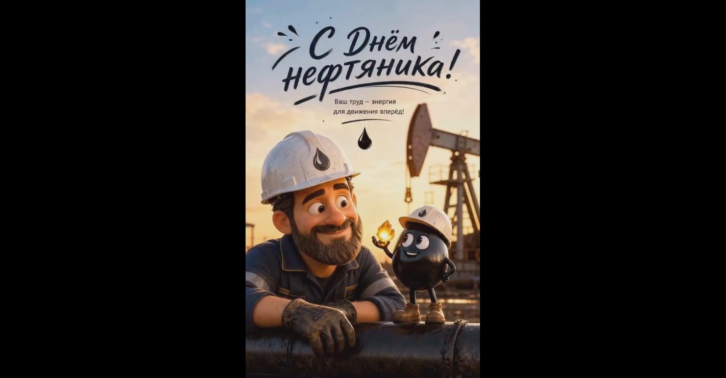 Прикольная видео открытка "С днём нефтяника! Ваш труд - энергия для движения вперёд!"
