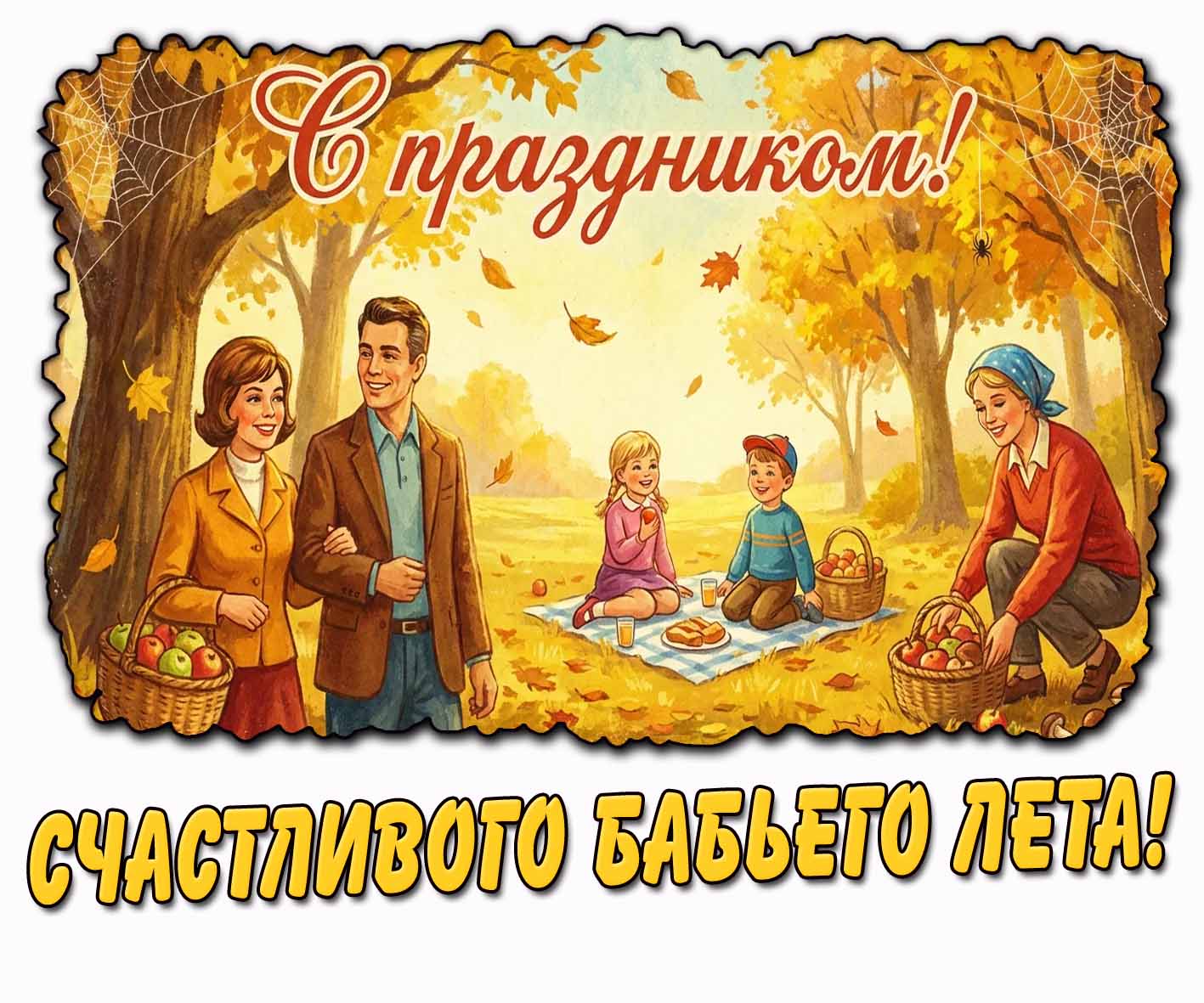 Красивая горизонтальная картинка со взрослыми и детьми в осеннем лесу, чтобы пожелать : Счастливого бабьего лета! С праздником! Картинка "Счастливого бабьего лета! С праздником!"