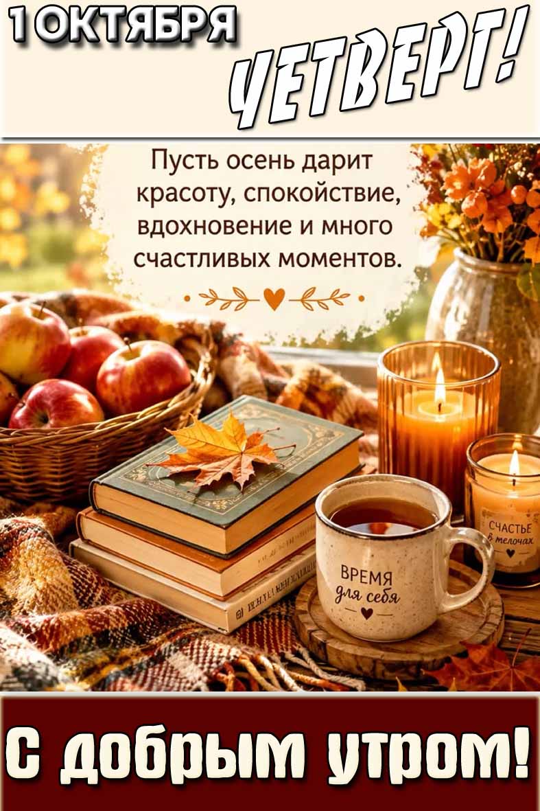 Картинка "1 октября четверг! С добрым утром! Пусть осень дарит красоту, спокойствие, вдохновение и много счастливых моментов!"