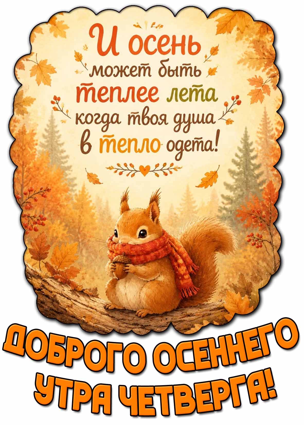 Красивая открытка с белочкой в шарфу с жёлудем на фоне леса и надписью : Доброго осеннего утра четверга! И осень может быть теплее лета, когда твоя душа в тепло одета! Открытка "Доброго осеннего утра четверга! И осень может быть теплее лета, когда твоя душа в тепло одета!"