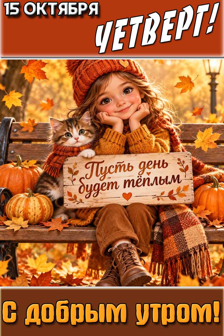 Красивая картинка с девочкой, котиком, тыквами, листьями на лавочке и надписью : "15 октября четверг! С добрым утром! Пусть день будет тёплым!".