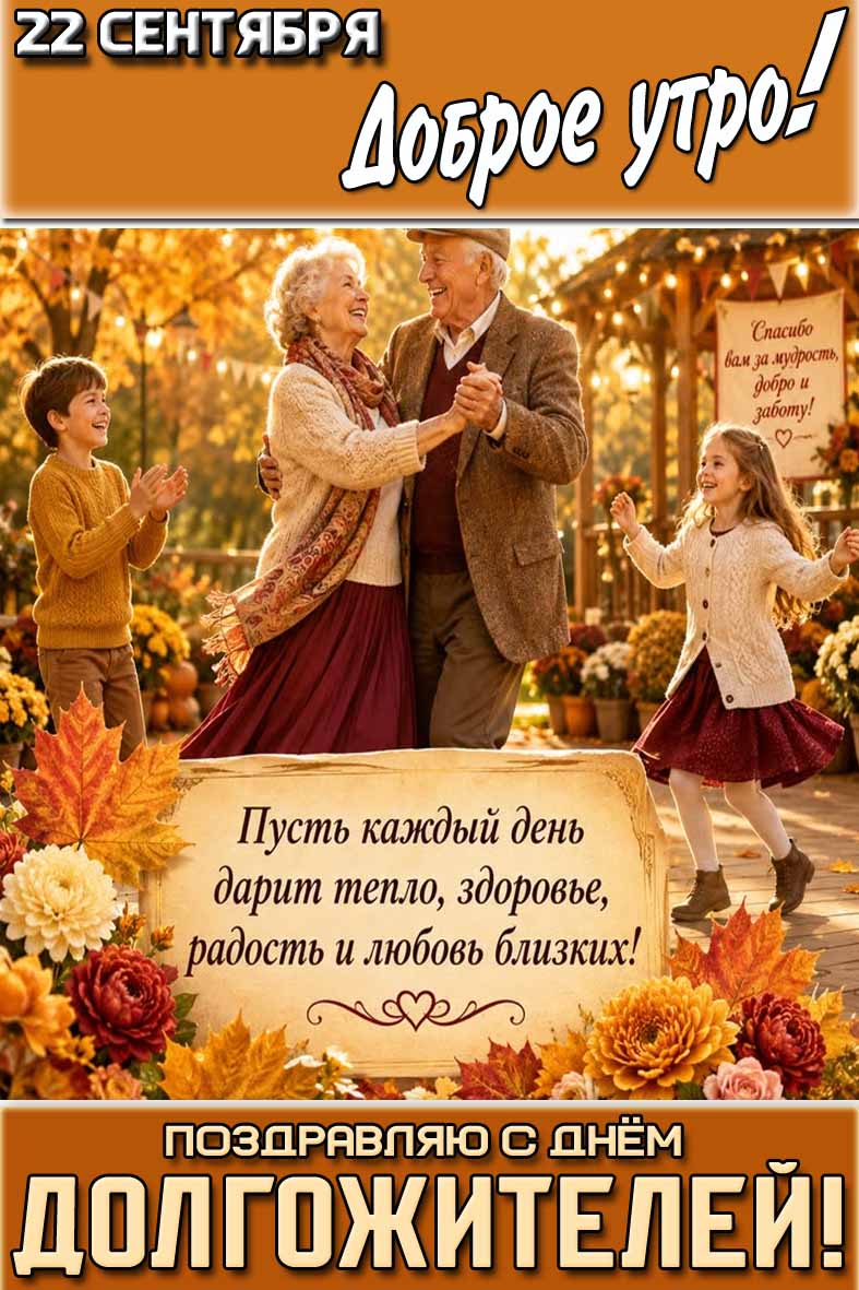 Картинка "22 сентября доброе утро! Поздравляю с днём долгожителей! Пусть каждый день дарит тепло, здоровье, радость и любовь близких!"