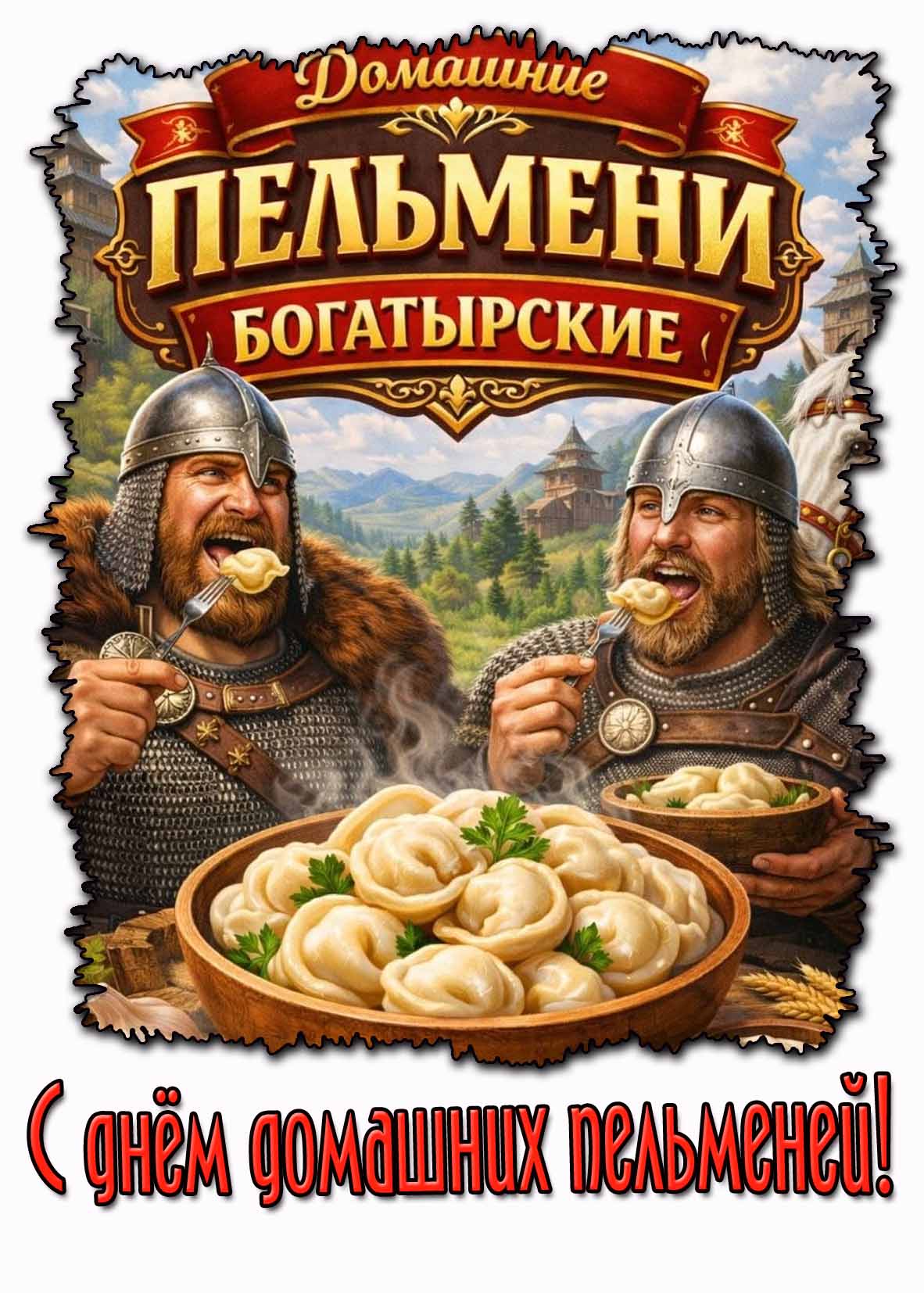 Прикольная открытка "С днём домашних пельменей! Пельмени домашние - богатырские!"
