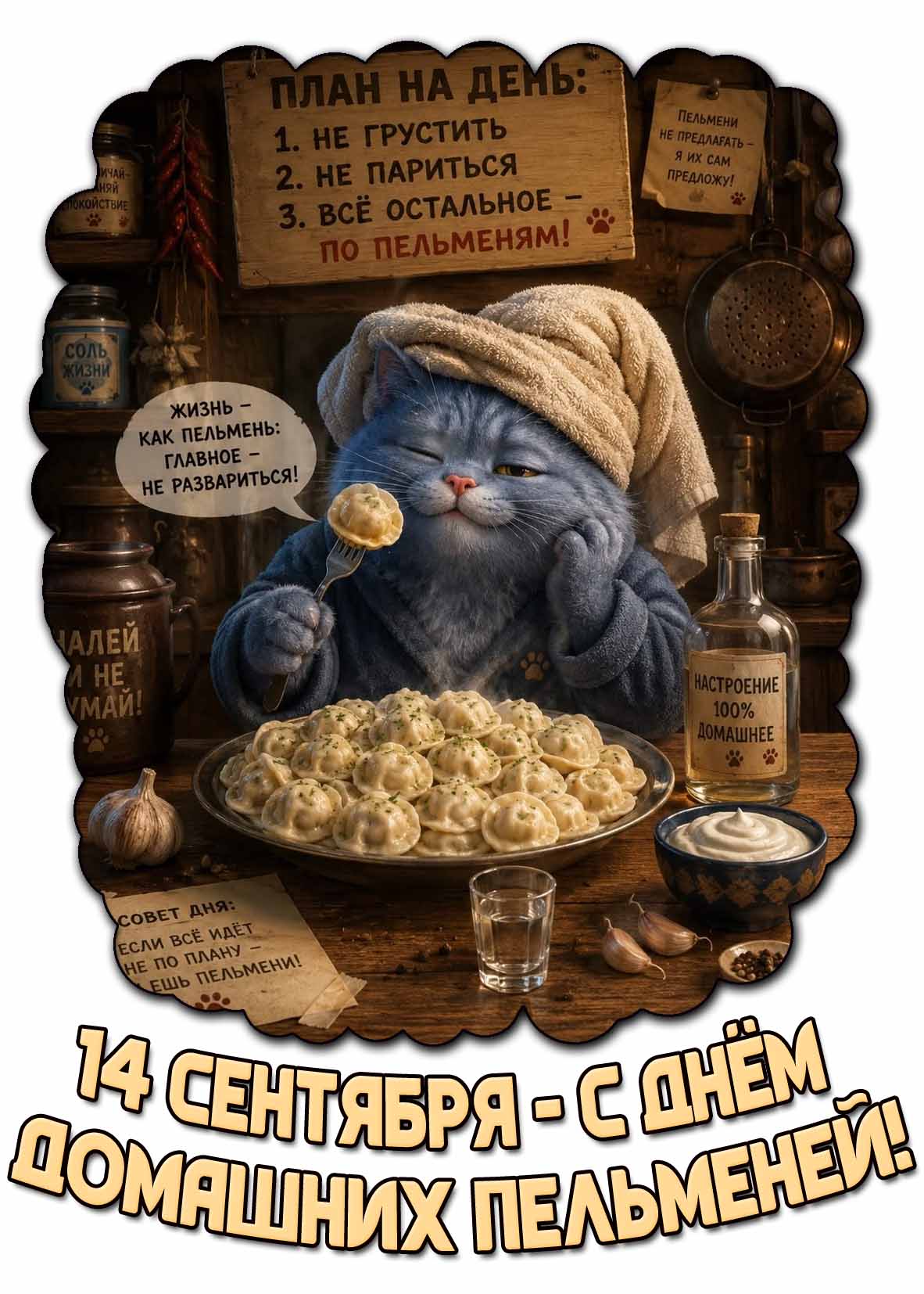 С днём домашних пельменей! - открытка с прикольным котом на 14 сентября