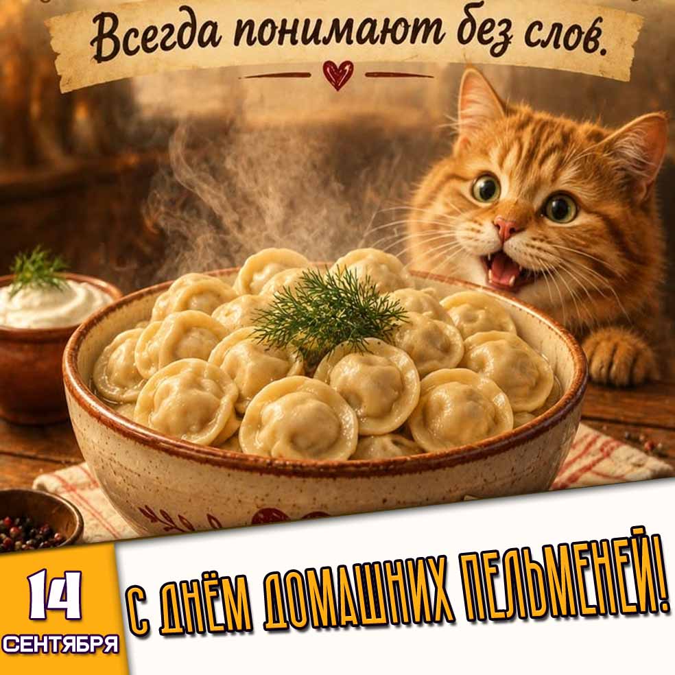 Открытка 14 сентября - с днём домашних пельменей! Всегда понимают без слов!