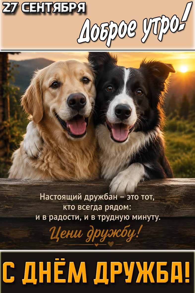 Картинка "27 сентября доброе утро! С днём дружбана! Настоящий дружбан - это тот, кто всегда рядом : и в радости и в трудную минуту! Цени дружбу!"
