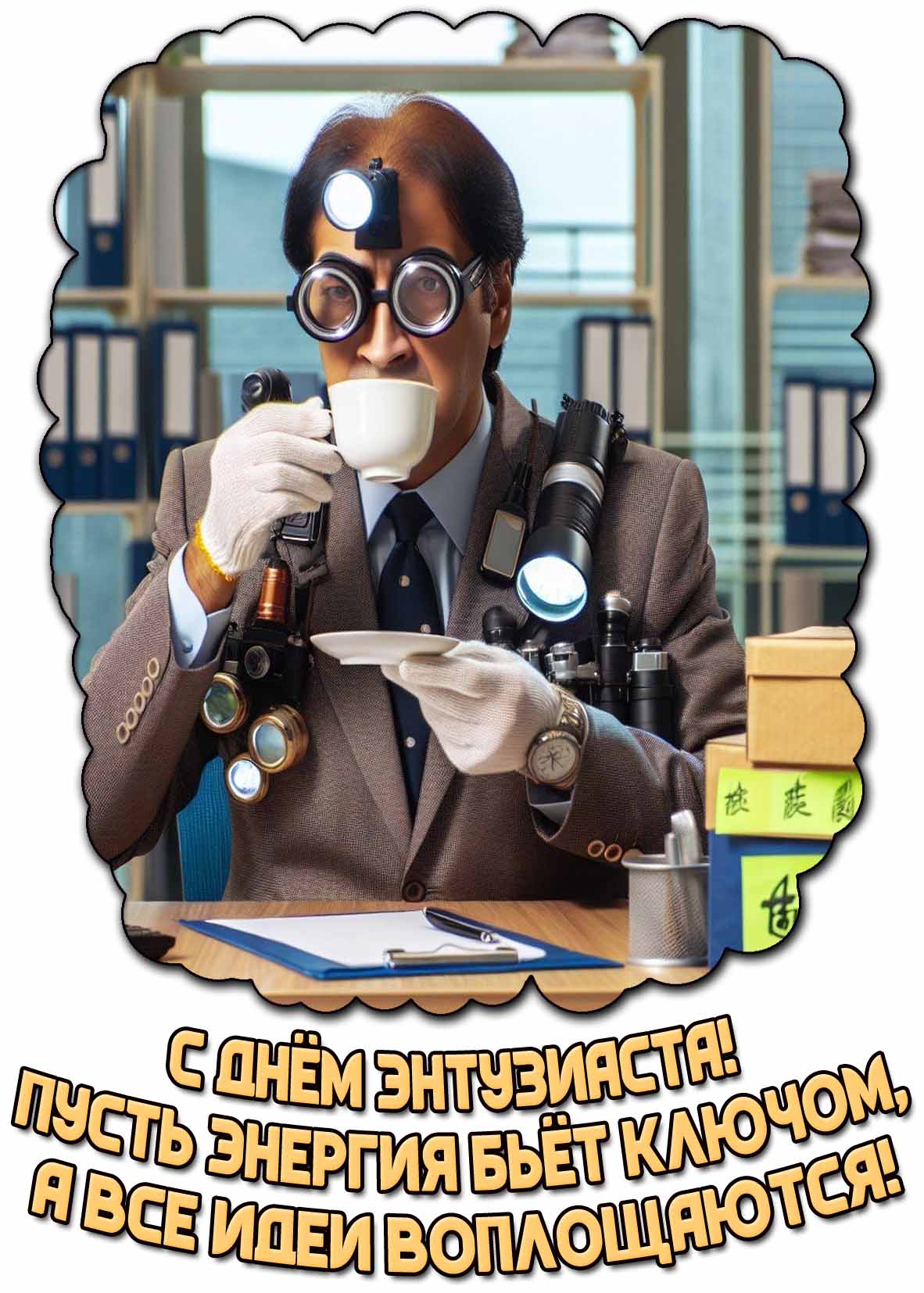 Прикольная открытка "С днём энтузиаста! Пусть энергия бьёт ключом, а все идеи воплощаются!"