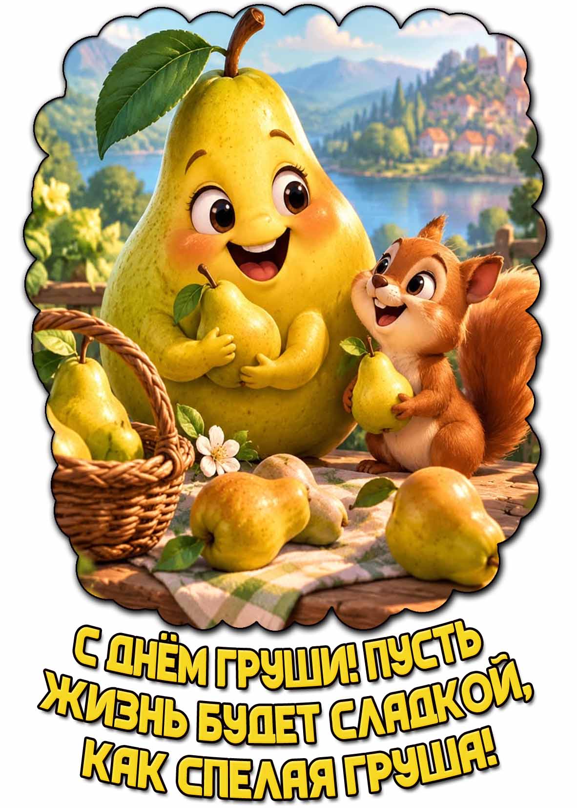 Прикольная открытка "С днём груши! Пусть жизнь будет сладкой, как спелая груша!"