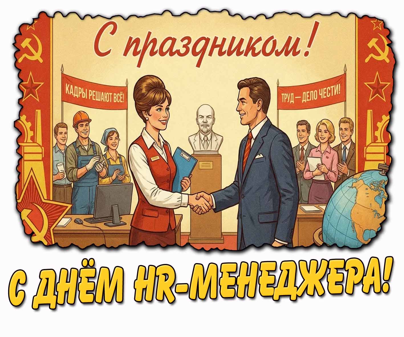Советская картинка "С днём HR-менеджера! С праздником! Кадры решают всё! Труд - дело чести!"
