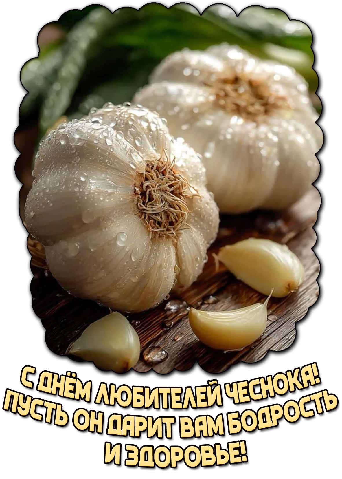 Красивая открытка "С днём любителей чеснока! Пусть он дарит вам бодрость и здоровье!"