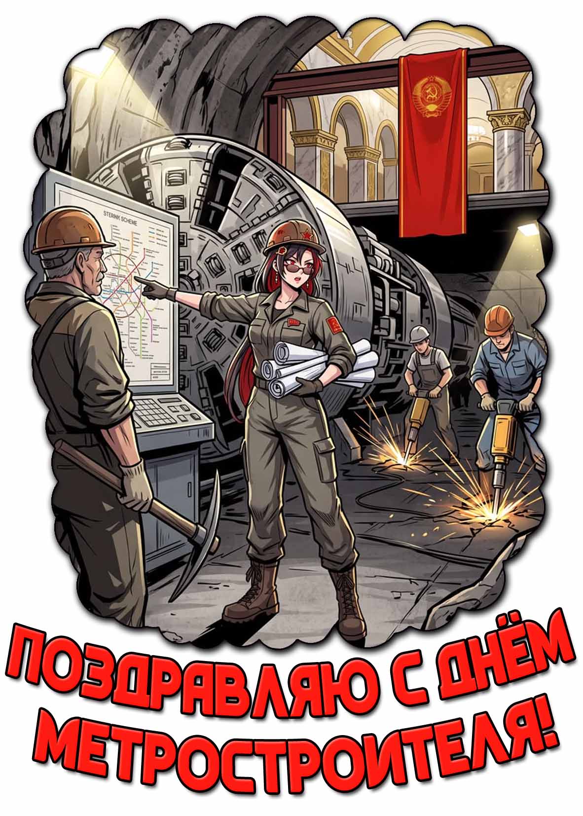 Открытка прикольной аниме-девушкой в подземке на фоне Советского флага, рабочих и надписью : Поздравляю с днём метростроителя! Прикольная Советская открытка "Поздравляю с днём метростроителя!"
