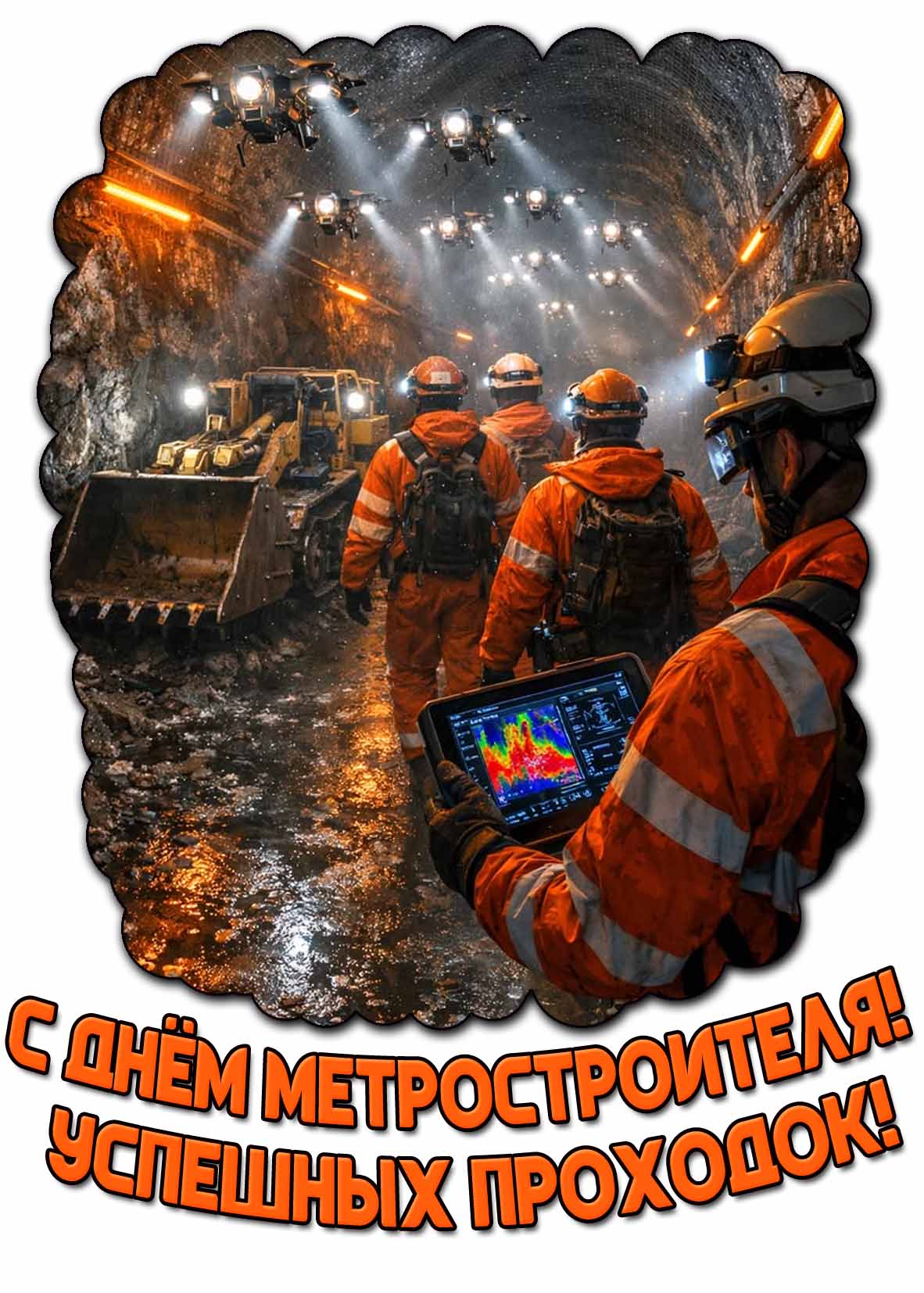 Красивая, современная открытка с рабочими с дронами в тоннеле и надписью, чтобы поздравить : С днём метростроителя! Успешных проходок! Открытка "С днём метростроителя! Успешных проходок!"