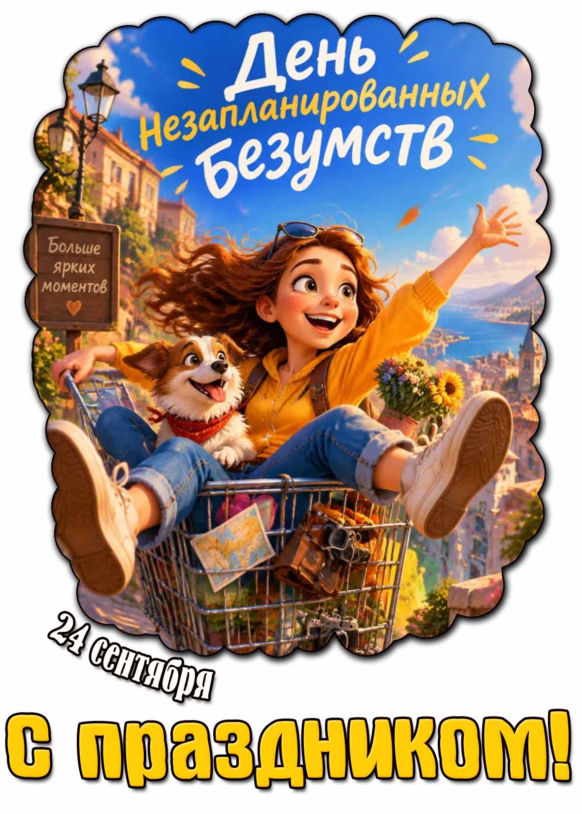 Открытка 24 сентября - день незапланированных безумств! Больше ярких моментов! С праздником!