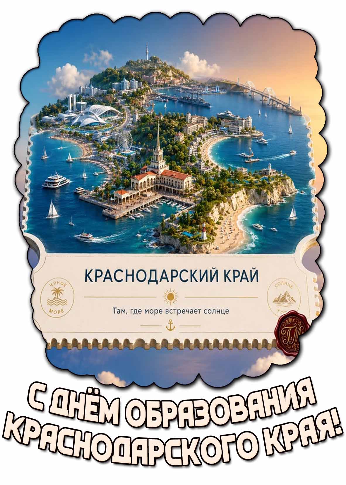 Открытка "С днём образования на Краснодарского края! Там, где море встречает солнце!"