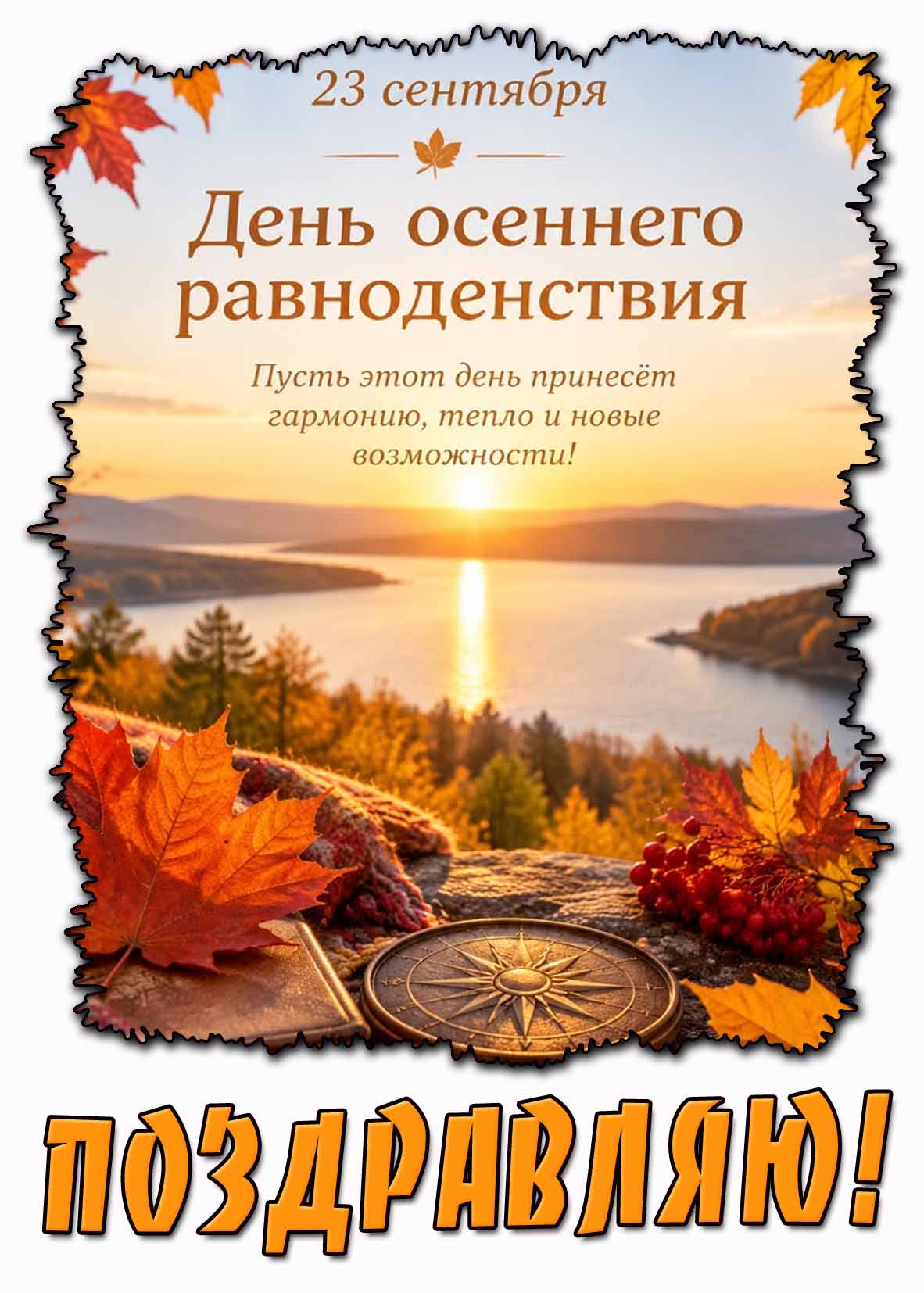 Открытка 23 сентября - день осеннего равноденствия! Пусть этот день принесёт гармонию, тепло и новые возможности! Поздравляю!
