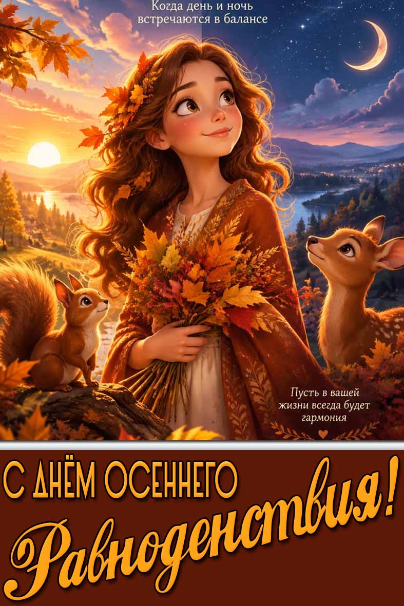 Красивая картинка "С днём осеннего равноденствия! Когда день и ночь встречаются в балансе! Пусть в вашей жизни всегда будет гармония!"