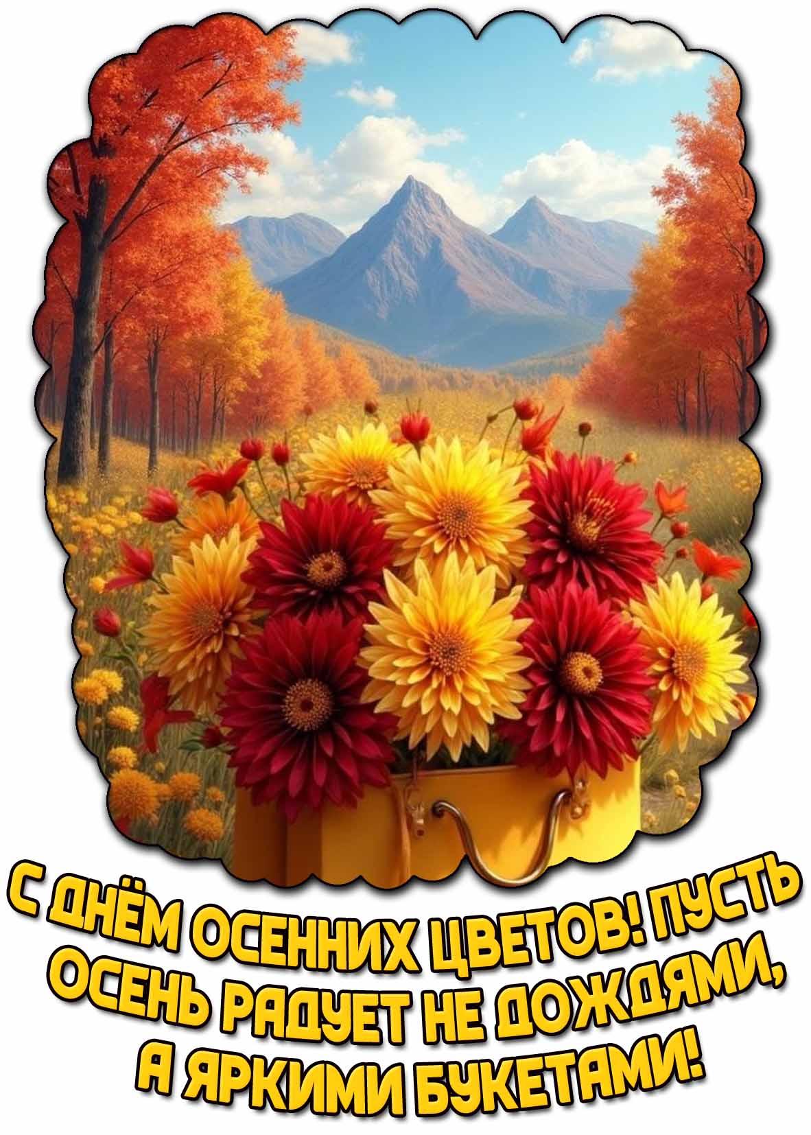 Открытка "С днём осенних цветов! Пусть осень радует не дождями, а яркими букетами!"