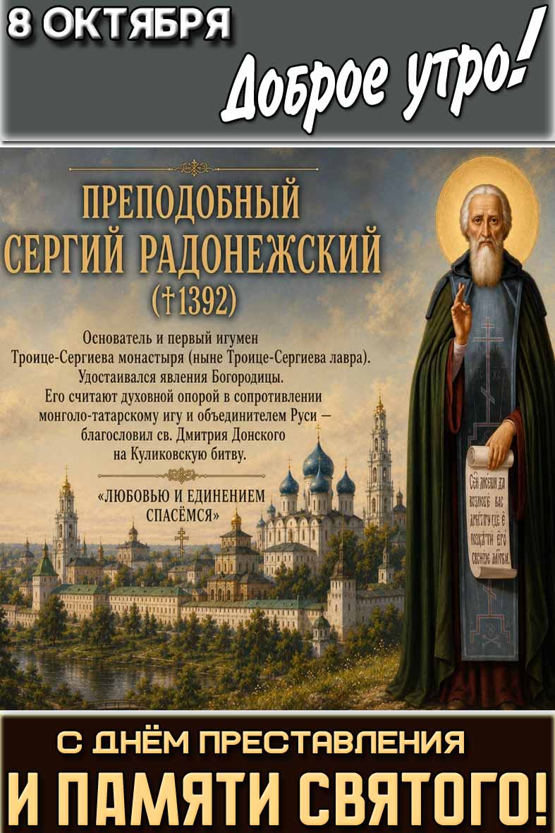 Картинка "8 октября доброе утро! Преподобный Сергий Радонежский! С днём преставления и памяти святого!"