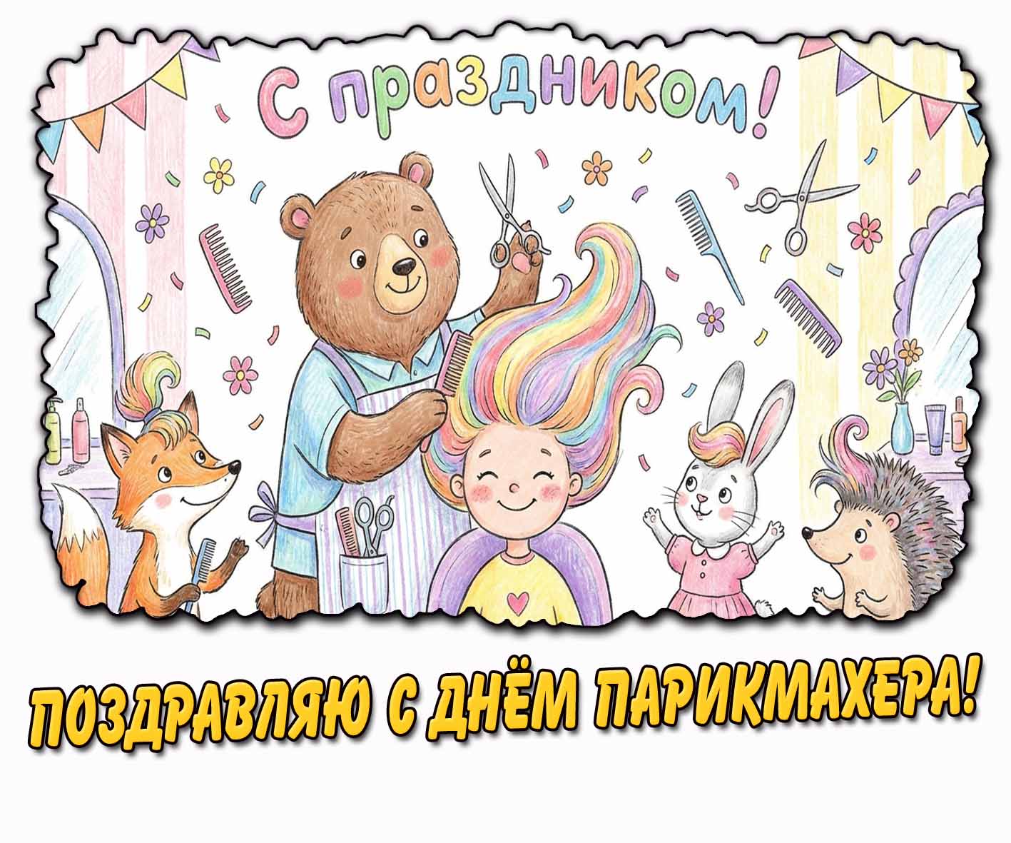 Прикольная детская открытка "Поздравляю с днём парикмахера! С праздником!"