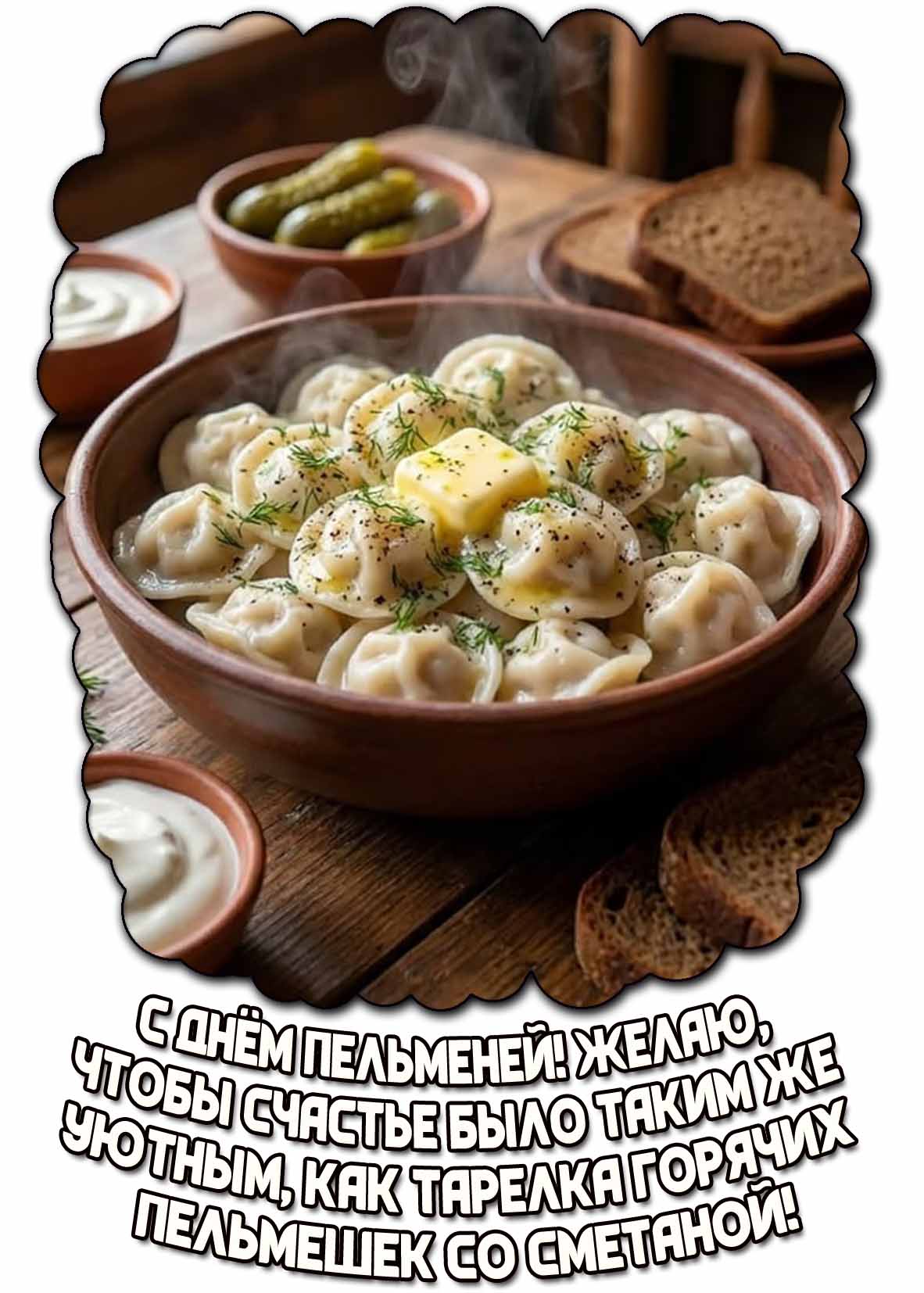 Открытка "С днём пельменей! Желаю, чтобы счастье было таким же уютным, как тарелка горячих пельмешек со сметаной!"